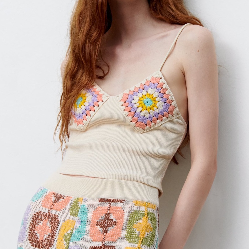 Zara Cream Top with Colorful Crochet Accents